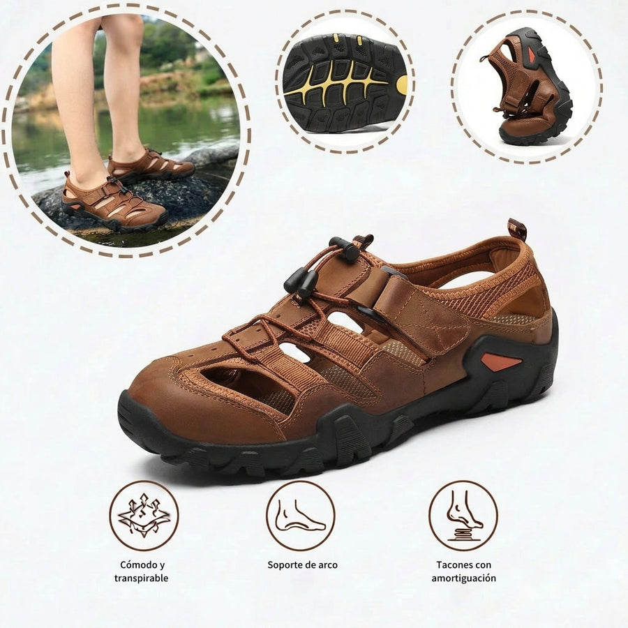 Sandalias con protección para los dedos: con soporte para el arco del pie, que alivia el dolor; ligeras y con amortiguación.
